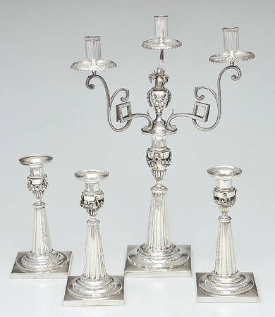 B9LB9L1 (Sterling, Hollowware) 4 Pc Candelabra Set (SCABL3 & 3 CNS7) by Johann Gottlieb Biller