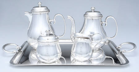 Bagatelle (Silverplate, Hollowware) 5-Piece Silverplate Tea Set (with Tray) by Christofle France