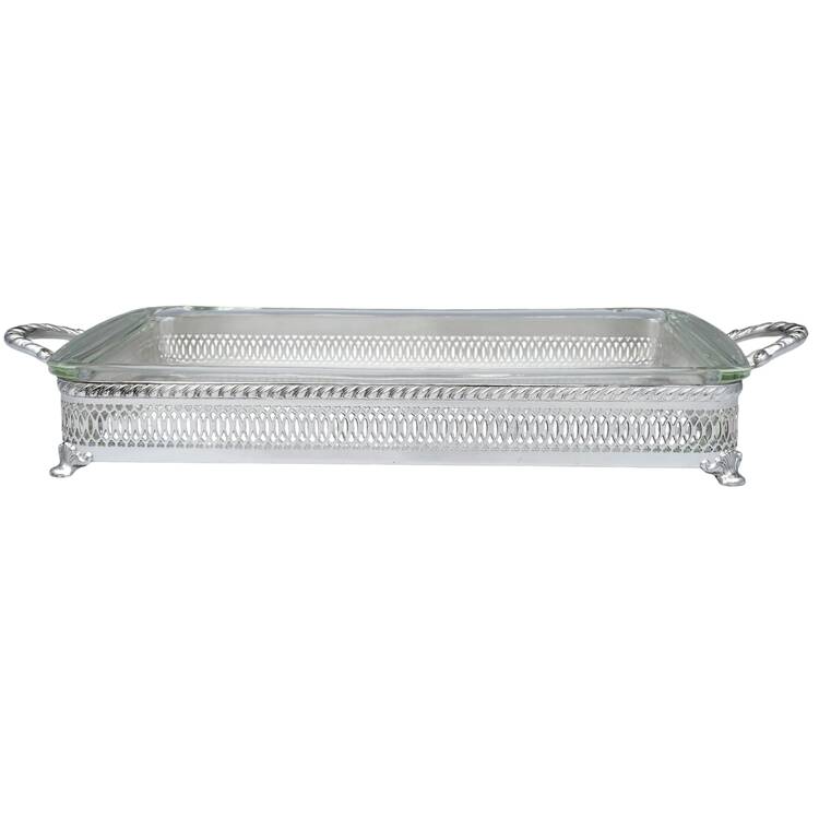 Silverplate Hollowware Rectangular Casserole Holder with Pyrex Liner