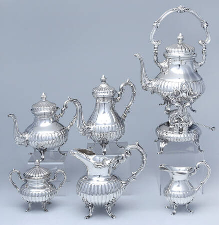 CXU9 (Sterling, Hollowware) 5 Piece Tea Set (STP, SCP, SCR, SSU, SKES)