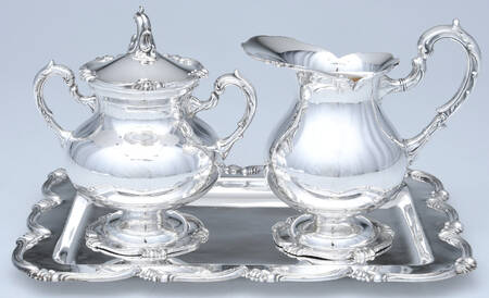 CXU12 (Sterling, Hollowware) Creamer, Sugar & Lid with Tray Set