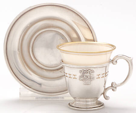 Basket of Flowers (Sterling, 1920, Hollowware) Sterling Demitasse Cup, Saucer and Liner