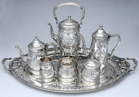 224 (Sterling, Hollowware) 7 Piece Tea Set (SCP, STP, SCR, SSU, SWB, SKES & WTL)