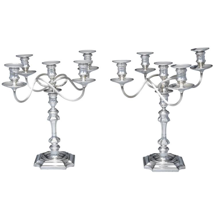 Silverplate Hollowware Pair of Weighted 5 Light Candelabra with Bobeche