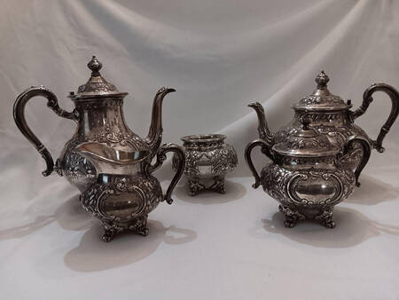 Montaigne-Chased (Sterling, Hollowware) 5 Piece Tea Set (SCP, STP, SCR, SSU, SWB)