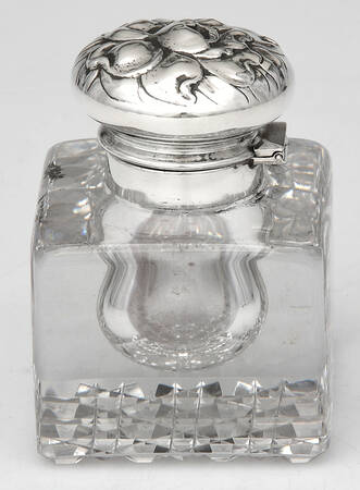 Sterling Hollowware Crystal Bowl Inkwell with Sterling Hinged Lid