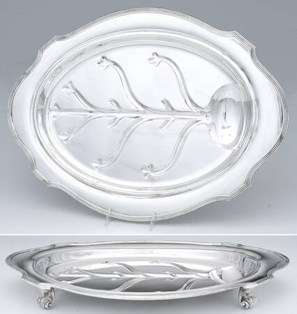 Plymouth-Large (Sterling, Hollowware) Large Footed Sterling Meat Platter with Well