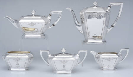 Colfax (Sterling, Hollowware) 5 Piece Tea Set (SCP1, STP1, SCR1, SSU1, SWB1)