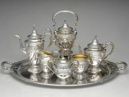 Florentine-Florenz (Sterling, 1901, Hollowware) 7 Piece Tea Set (CP1, TP1, CR1, SU1, WB1, KES1, WT25M1)