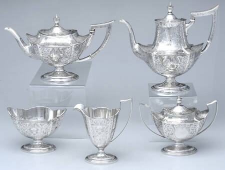 Plymouth-Engraved (Sterling, Hollowware) 5 Piece Tea Set (SCP, STP, SCR, SSU, SWB)