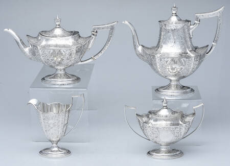 Plymouth-Engraved (Sterling, Hollowware) 4 Piece Tea Set (SCP, STP, SCR, SSU)