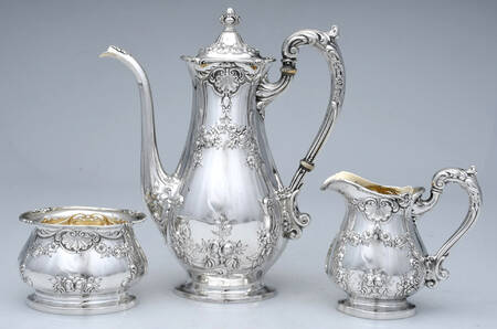 A7841 (Sterling, Hollowware) 3 Pc Tea Set (Coffee Pot, Creamer, Open Sugar)