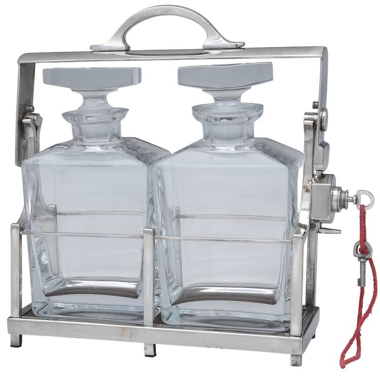 Silverplate Hollowware Decanter Set (2) W/Locking Metal Stand by Restoration Hardware