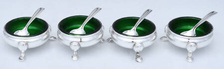 Silverplate Hollowware Open Salt Master with Green Glass Liner & Spoon - Set of 4