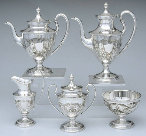 Mayflower (Sterling, Hollowware) 5 Piece Tea Set (SCP, STP, SCR, SSU, SWB)