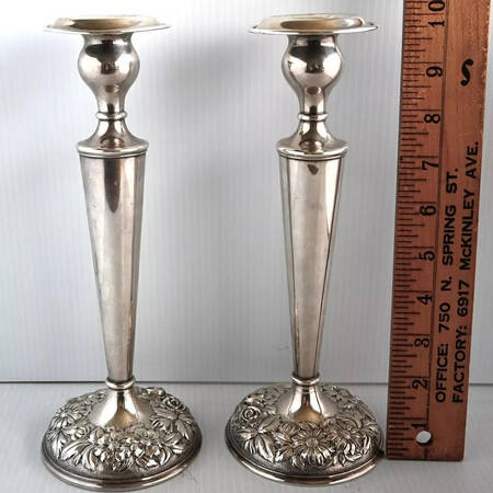 Stieff Rose (Sterling, 1892, Hollowware) Pair of Weighted Candlesticks with Bobeche