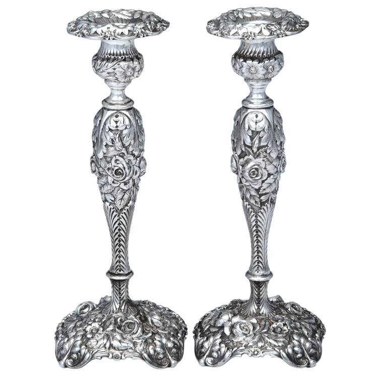 Stieff Rose (Sterling, 1892, Hollowware) Pair of 9" Weighted Candlesticks