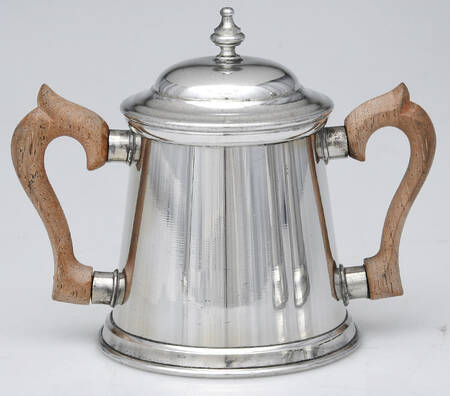 Colonial (Pewter, Hollowware) Sugar Bowl & Lid with Brown Handles