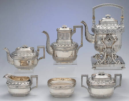 445 (Sterling, Hollowware) 6 Piece Tea Set (SCP, STP, SCR, SSU, SWB, SKES)