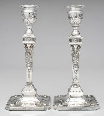 KMB1 (Sterling, Hollowware) Pair of Weighted Candlesticks with Bobeche