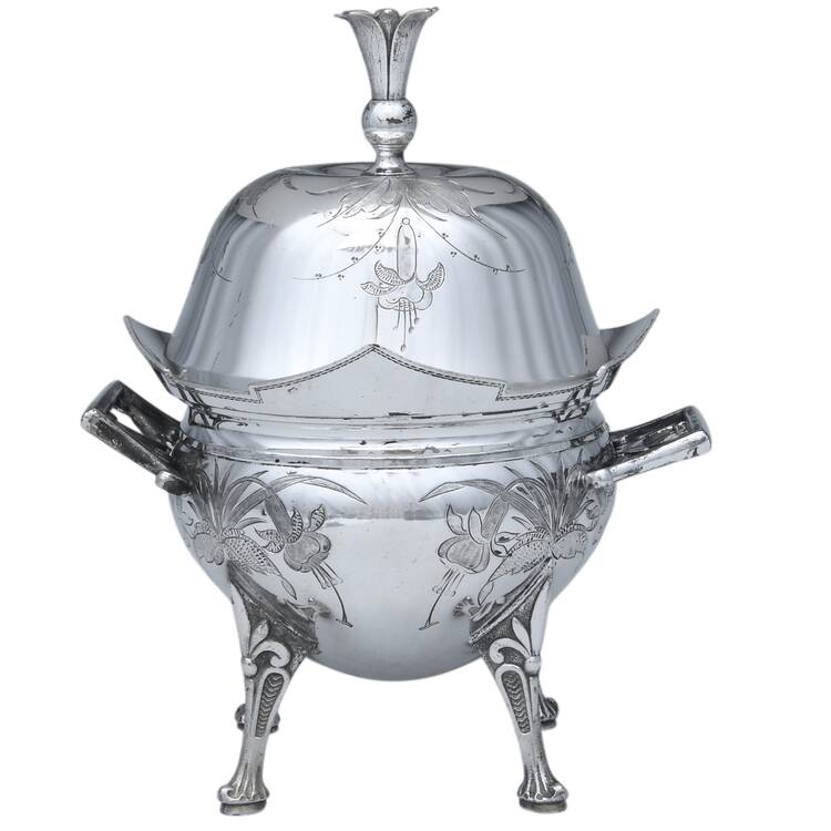 1884 (Silverplate, Hollowware) Round Covered Butter Dish & Ceramic Strainer with Knife Holder