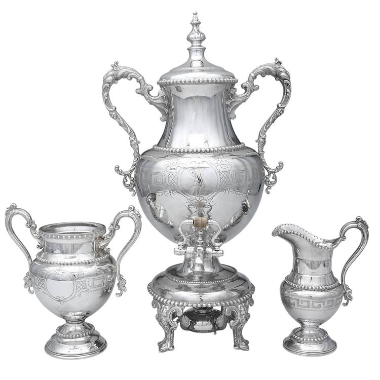 1835-1 (Silverplate, Hollowware) 5 Piece Samovar Set (Samovar attached Stand & Burner,Creamer & Open Sugar)