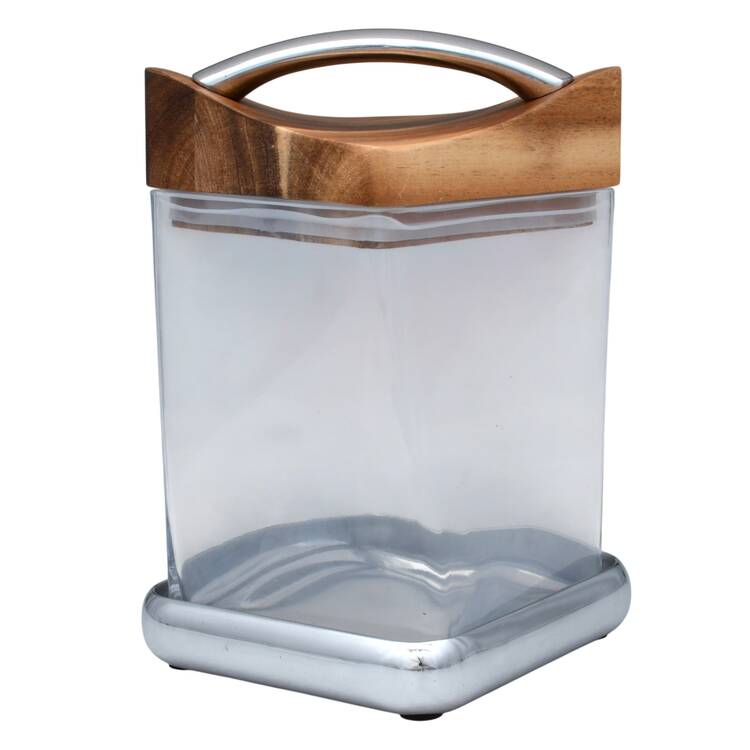 Twist (Hollowware, Metal) Small Glass Canister & Metal Base W/Wood Lid