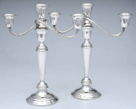 P585 (Silverplate, Hollowware) Pair of Weighted 3 Light Candelabras