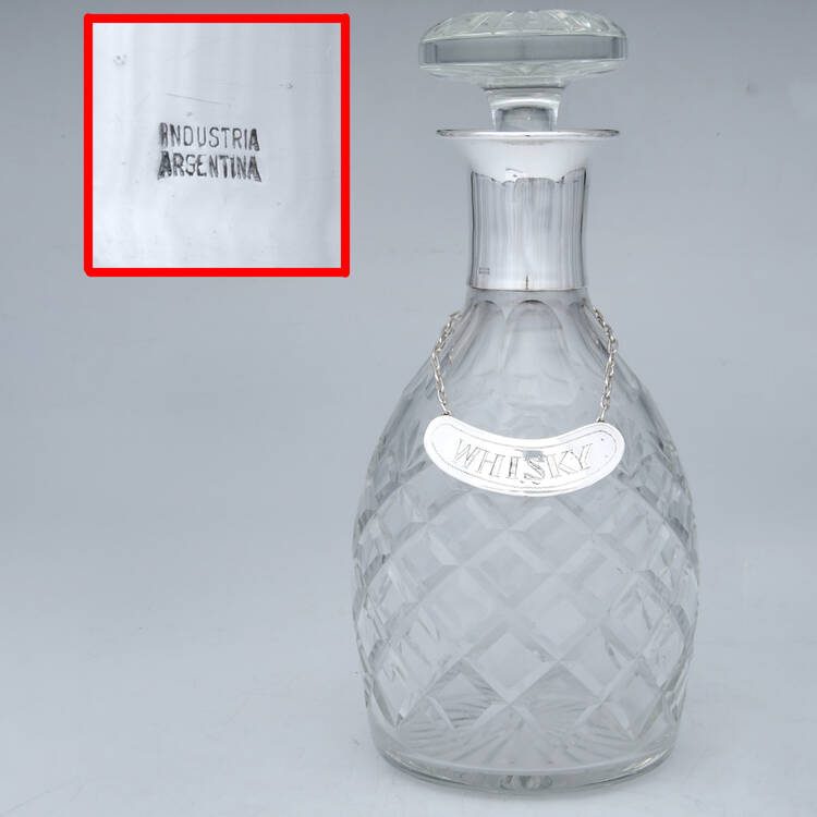 Silverplate Hollowware Crystal Decanter & Stopper with Silver Neck & Decanter label by Plata Lappas