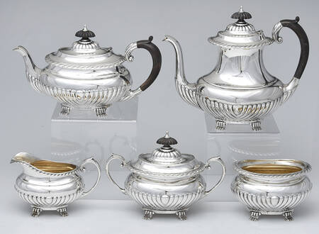 Stratford (Sterling, Hollowware) 5 Piece Tea Set (CPWH, TPWH, SCR, SSU, SWB)