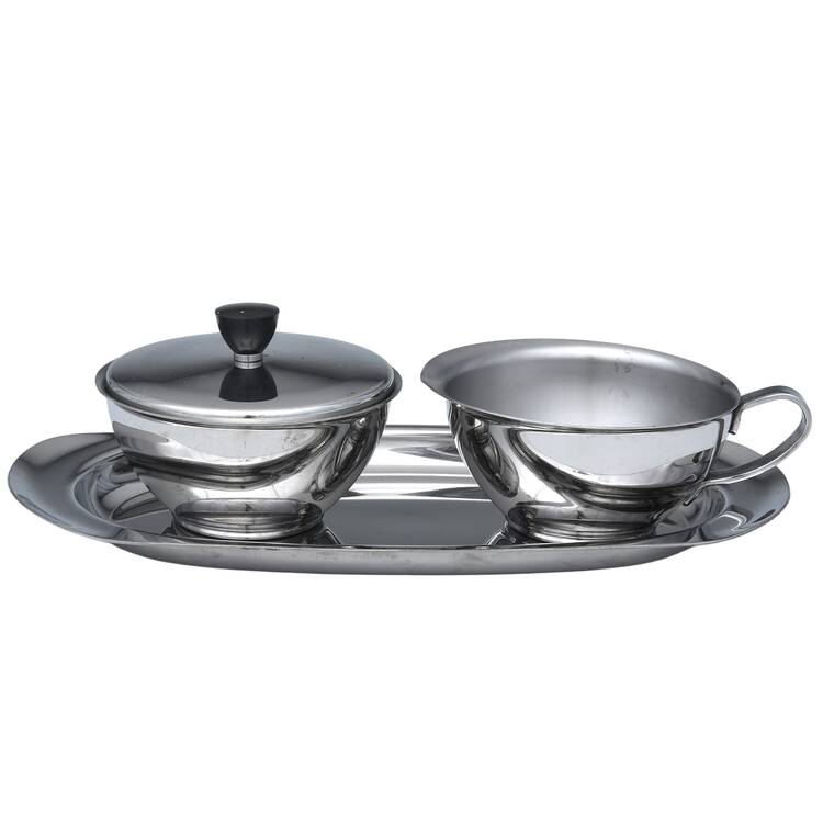 Stainless Hollowware Creamer, Sugar & Lid with Tray Set