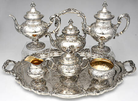 575A (Sterling, Hollowware) 7 Piece Tea Set (SCP, STP, SCR, SSU, SWB, SKES & WTL)