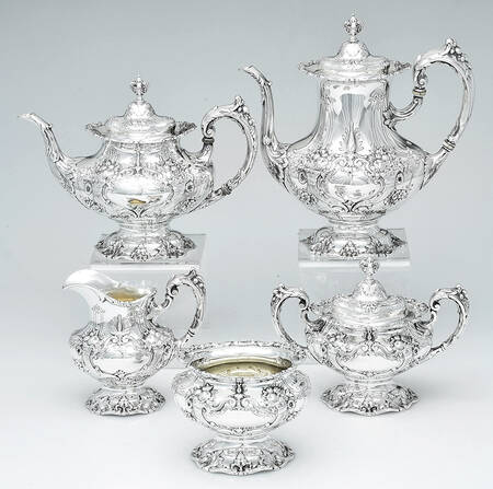 Francis I (Sterling, Hollowware, Reed&Barton, Dates) 5 Piece Tea Set (SCP, STP, SCR, SSU, SWB)