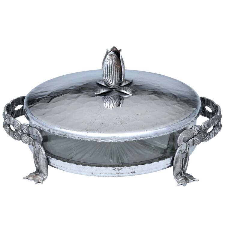 R1K1 (Aluminum, Holloware) 4 Toed Candy Dish w/Lid & Divided Glass Liner