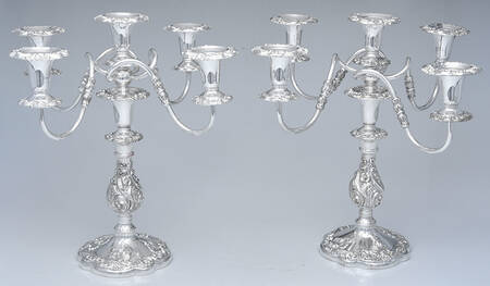 Rococco (Silverplate, Hollowware) Pair of Large 5 Light Candelabras