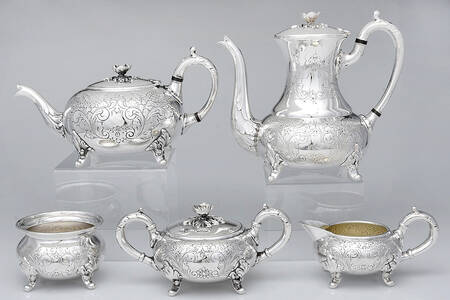 57HC (Silverplate, Hollowware, Hand Chased) 5-Piece Plated Tea Set (with Waste)