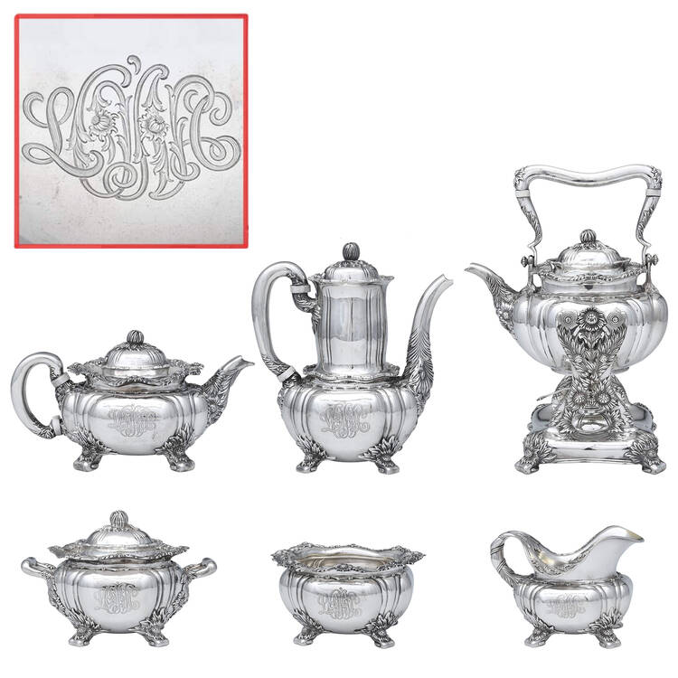 Chrysanthemum (Strl, 1880, Hlwr, 925-1000, FloralEdge) 6 Piece Tea Set (SCP1, STP1, SCR1, SSU1,SWB1, SKES1)