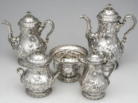 1922 (Coin, Hollowware) 5 Piece Tea Set (SCP1, STP1, CRHL1, SSU1, SWB1) by Tiffany & CO SILVER