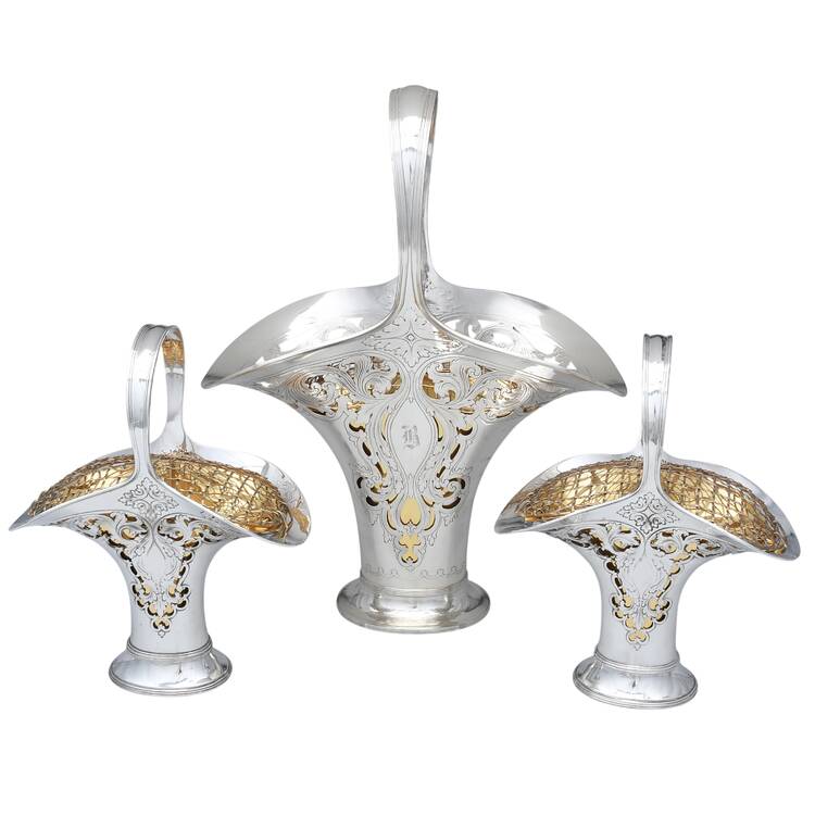 15625D (Sterling, Hollowware) 3 Piece Bridal Basket Set-1 Large & 2 Small Baskets with Liners & Frogs