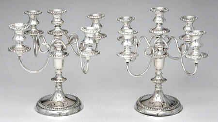 Silverplate Hollowware Pair of Weighted 5 Light Candelabra with Bobeche