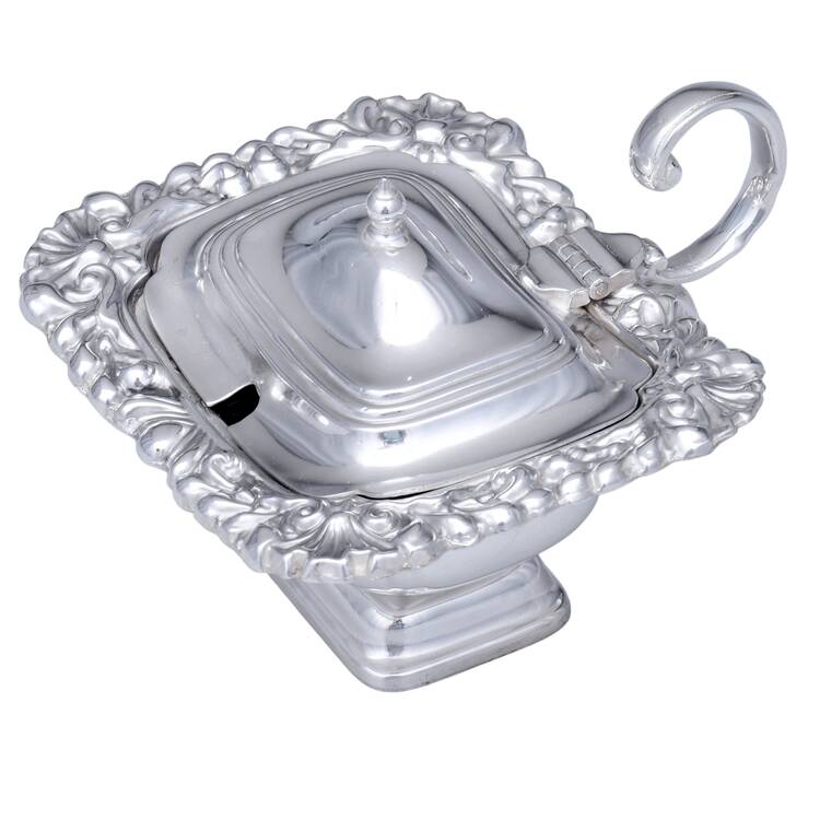 Silverplate Hollowware Mustard Pot with Hinged Lid & Cobalt Liner