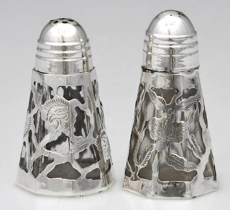 Mexico Sterling Hollowware Crystal Salt & Pepper W/Sterling Overlay & Lid