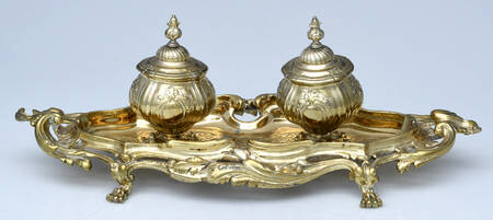 Gold Electroplate Hollowware Double Inkwell with Attached Stand