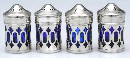 China Silverplate Hollowware Salt and Pepper with Cobalt Liner (2 Pairs)