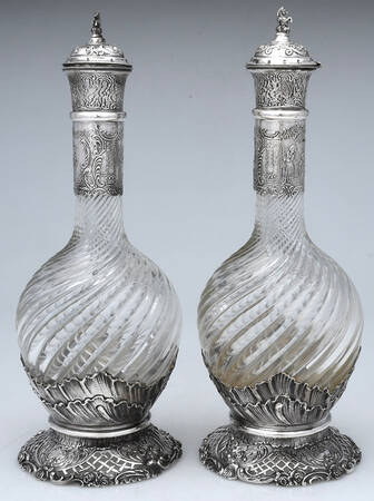 Netherlands Sterling Hollowware Set of 2-Crystal Decanters with Sterling Base and Hinged Lid