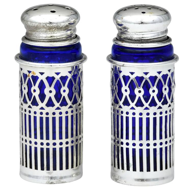 Japan Silverplate Hollowware Salt and Pepper Set with Cobalt Liner