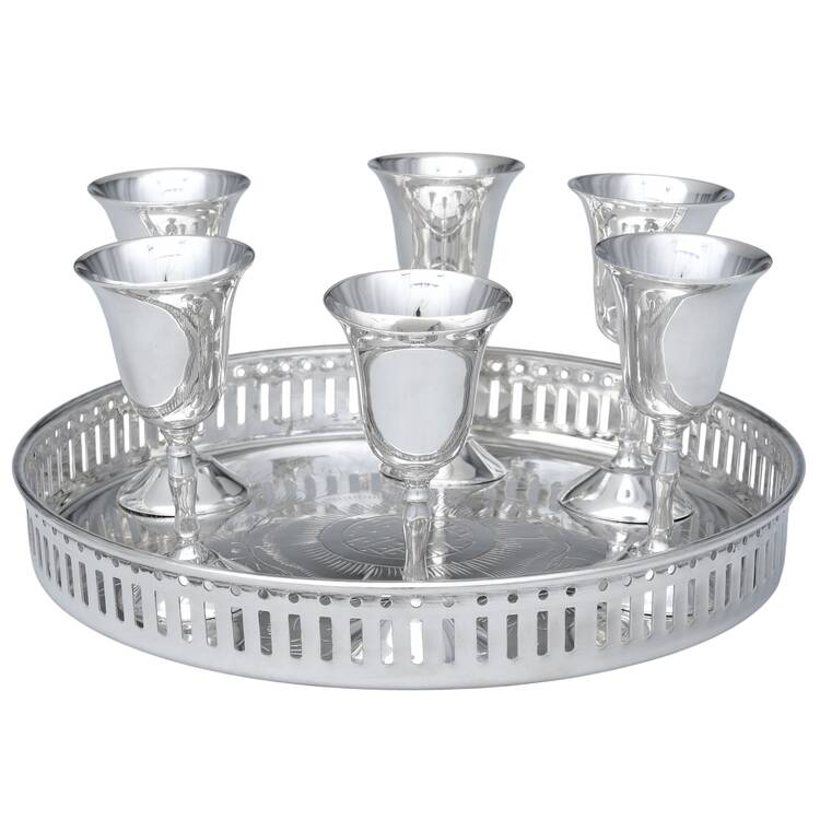 India Silverplate Hollowware-Plain Cordial - Set of 6 with Round Tray