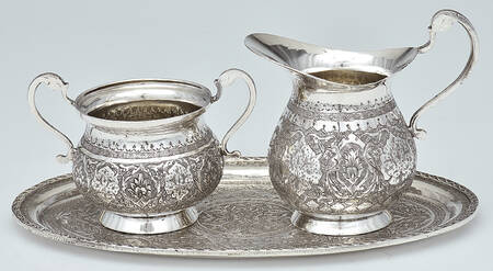 Iran Sterling Hollowware Mini Creamer, Open Sugar & Tray Set