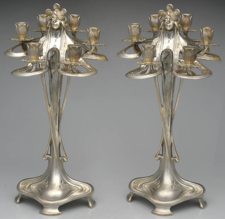 Art Nouveau Style (Silverplate, Hollowware) Pair of 6 Light Candelabra