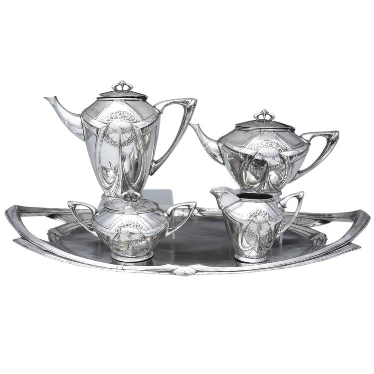 UNH50 (Silverplate, Hollowware) 5-Piece Silverplate Tea Set (with Tray)